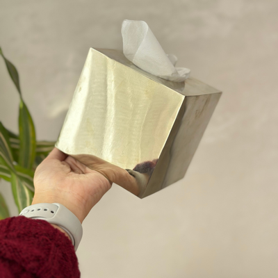 Gold-plated brass cube tissue box