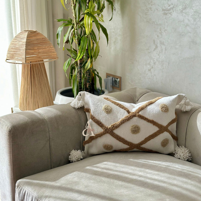 Handmade cushion cover with white, diamond and beige polka dot pompoms