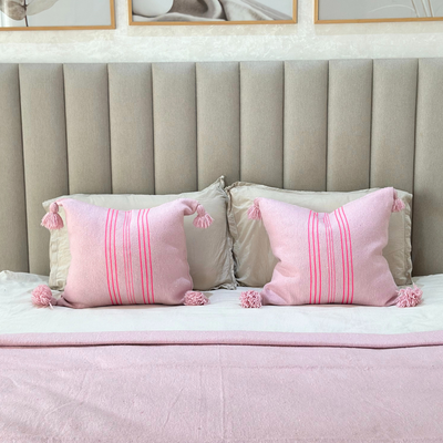 Handmade cushion cover with pompoms 50cmx50cm pink striped in fuchsia pink