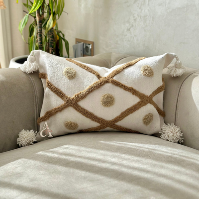 Handmade cushion cover with white, diamond and beige polka dot pompoms