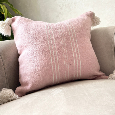 Handmade cushion cover with pompoms 50cmx50cm pink striped in white