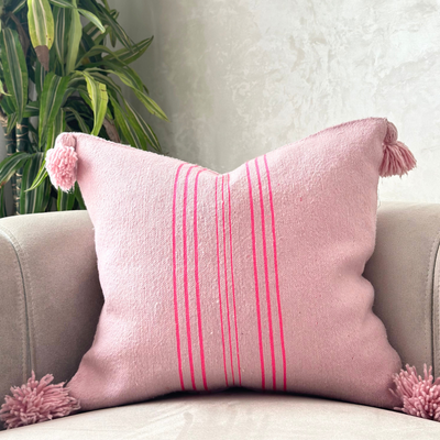 Handmade cushion cover with pompoms 50cmx50cm pink striped in fuchsia pink