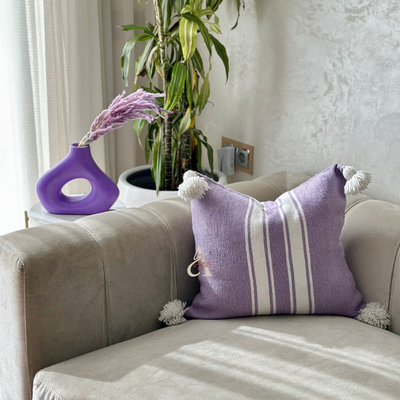 Handmade cushion cover with pompoms 50cmx50cm mauve