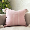Handmade printed cushion cover with pompoms 50cmx50cm pink striped in white