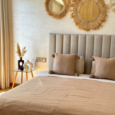 Plain handmade blanket with pompom Beige 2.80m x 2 m