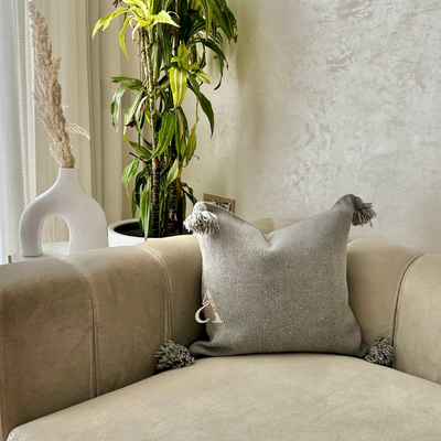 Handmade cushion cover with pompoms 45cmx45cm Grey