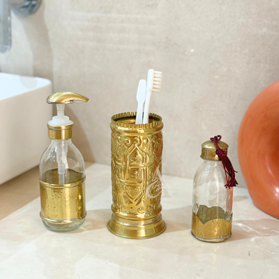 Hammered glass and gold brass soap dispenser