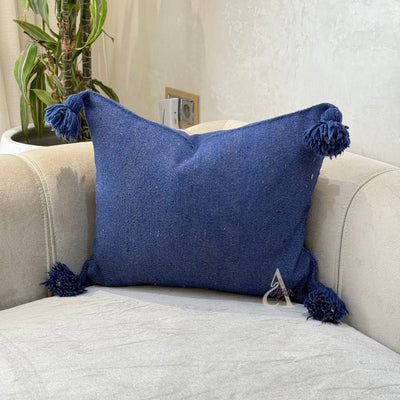 Handmade plain cushion cover with pompoms 45cmx45cm Denim blue