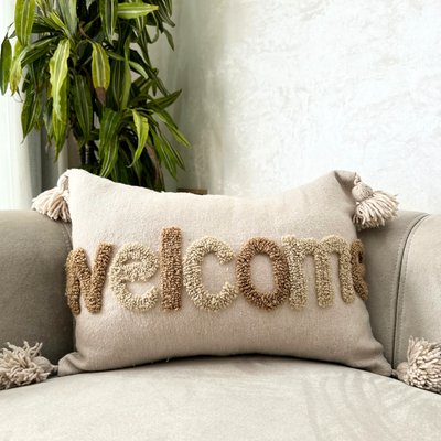 WELCOME Cream Pompom Handmade Cushion Cover 50cmx40cm