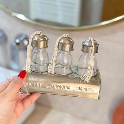 Set of 3 glass bottles with silver-plated brass holder for bathroom