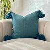 Handmade plain cushion cover with pompoms 45cmx45cm Petrol blue