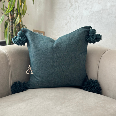 Handmade plain cushion cover with pompoms 45cmx45cm Petrol blue