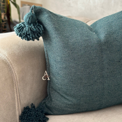 Handmade plain cushion cover with pompoms 45cmx45cm Petrol blue