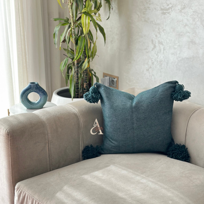 Handmade plain cushion cover with pompoms 45cmx45cm Petrol blue
