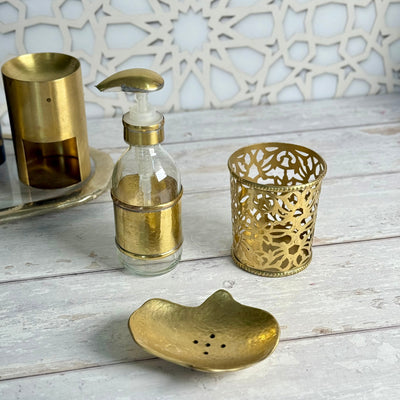 Hammered glass and gold brass soap dispenser