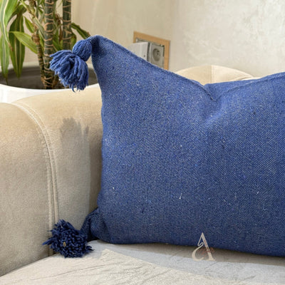 Handmade plain cushion cover with pompoms 45cmx45cm Denim blue