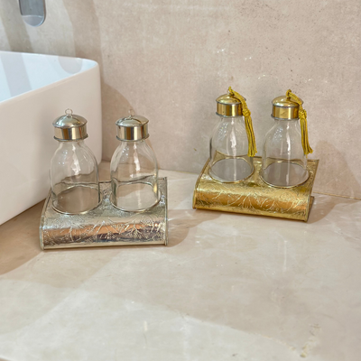 Set of 2 glass bottles with gold-plated brass stand Zwak