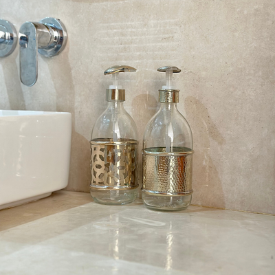 Large Hammered Silver Glass and Brass Soap Dispenser