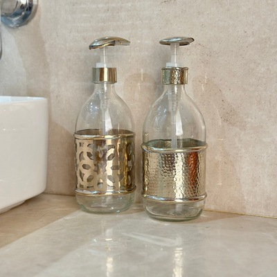Large Hammered Silver Glass and Brass Soap Dispenser