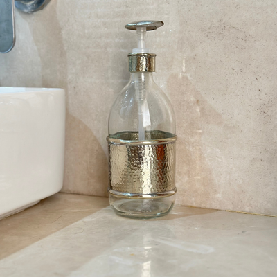 Large Hammered Silver Glass and Brass Soap Dispenser