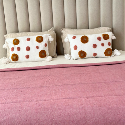 Plain handmade plaid with salmon pink gold pompom 2.80m x 2.00m