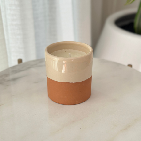 White handmade terracotta candle with Musk scent