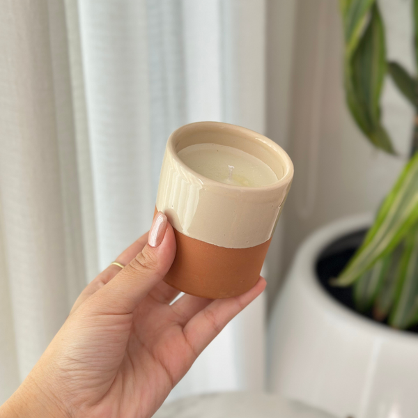 White handmade terracotta candle with orange blossom scent