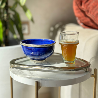 Blue bowl with silver metal rim 15cm
