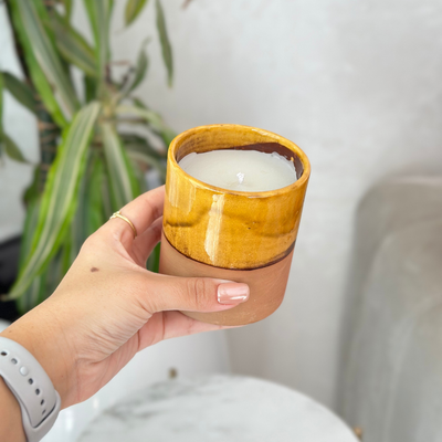 Yellow terracotta handmade candle with Oud scent