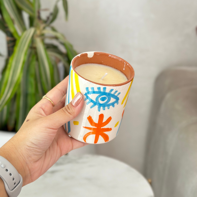 Colorful handmade terracotta candle with Musk scent