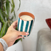 Handmade petroleum blue striped terracotta candle with Musk scent