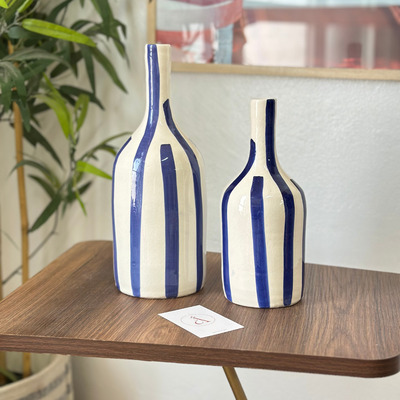 Blue striped bottle vase