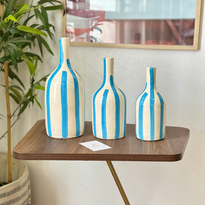 Striped turquoise blue bottle vase