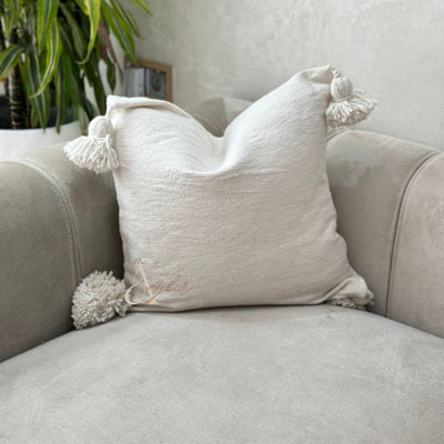 Housse de Coussin à pompons 50cmx50cm blanc - Ajbir