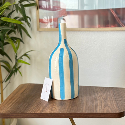Striped turquoise blue bottle vase