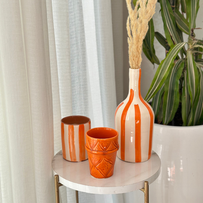 Orange striped handmade terracotta candle with Orange Blossom scent