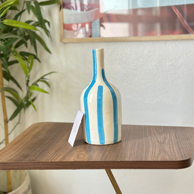 Striped turquoise blue bottle vase