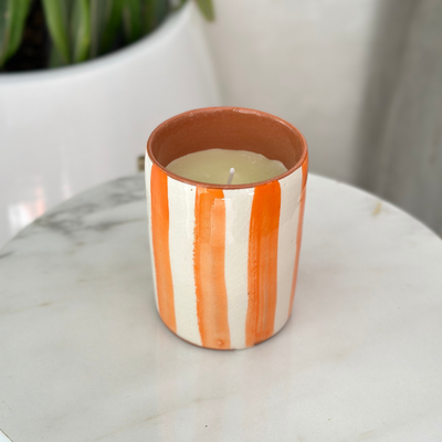 Orange striped handmade terracotta candle with Orange Blossom scent