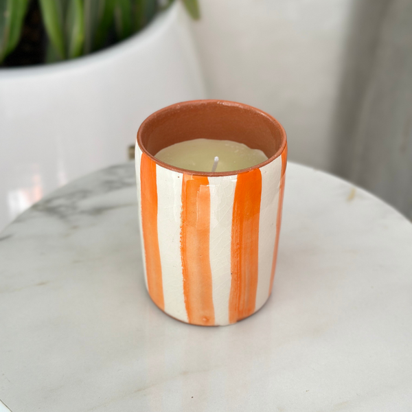 Orange striped handmade terracotta candle with Orange Blossom scent