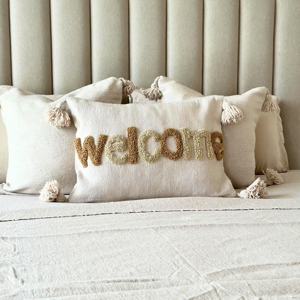 WELCOME Cream Pompom Handmade Cushion Cover 50cmx40cm