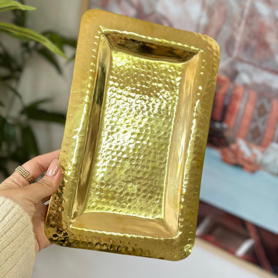 Rectangular hammered tray in gilded brass