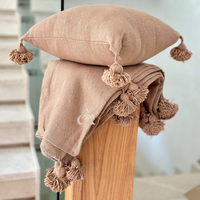 Handmade cushion cover with pompoms 45cmx45cm Beige