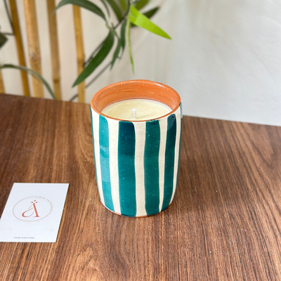 Handmade petroleum blue striped terracotta candle with Musk scent
