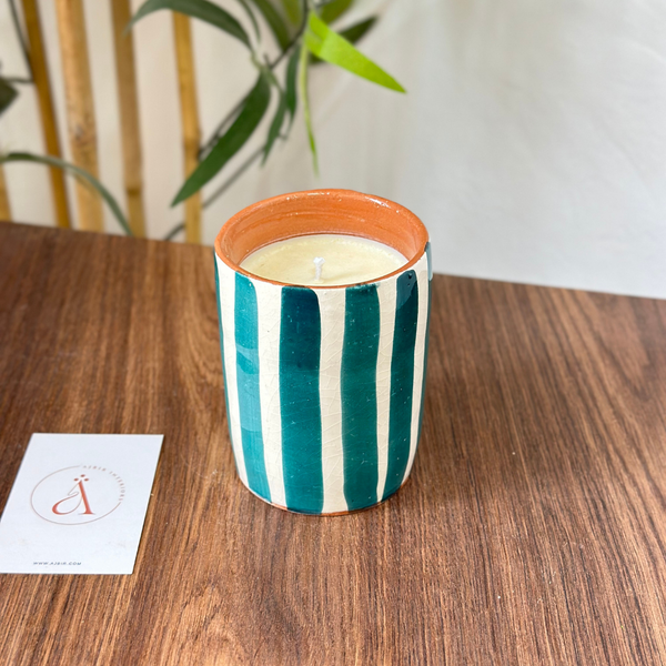 Handmade petroleum blue striped terracotta candle with Musk scent