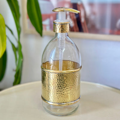 Large hammered glass and gold brass soap dispenser