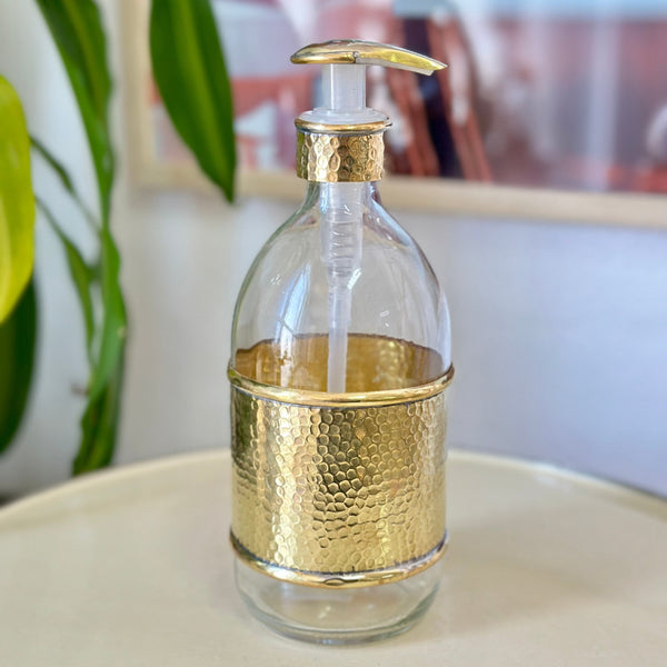 Large hammered glass and gold brass soap dispenser
