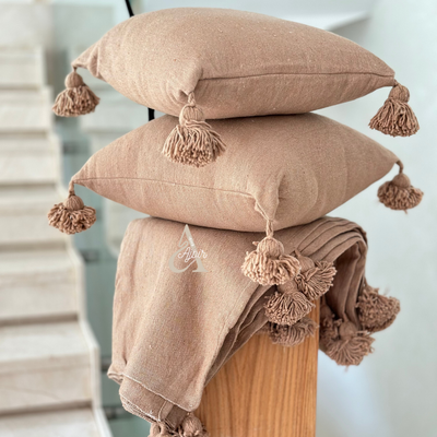 Handmade cushion cover with pompoms 45cmx45cm Beige
