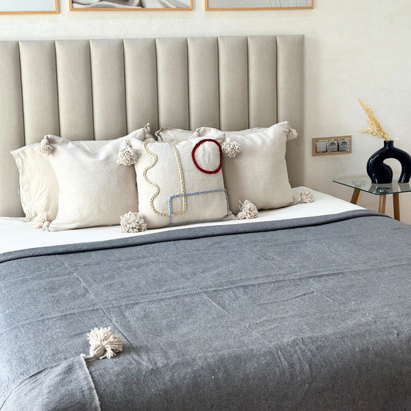 Plain grey handmade plaid with cream pompom 2.80m x 2.00m