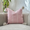 Handmade printed cushion cover with pompoms 50cmx50cm pink striped in white