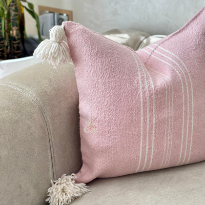 Handmade cushion cover with pompoms 50cmx50cm pink striped in white